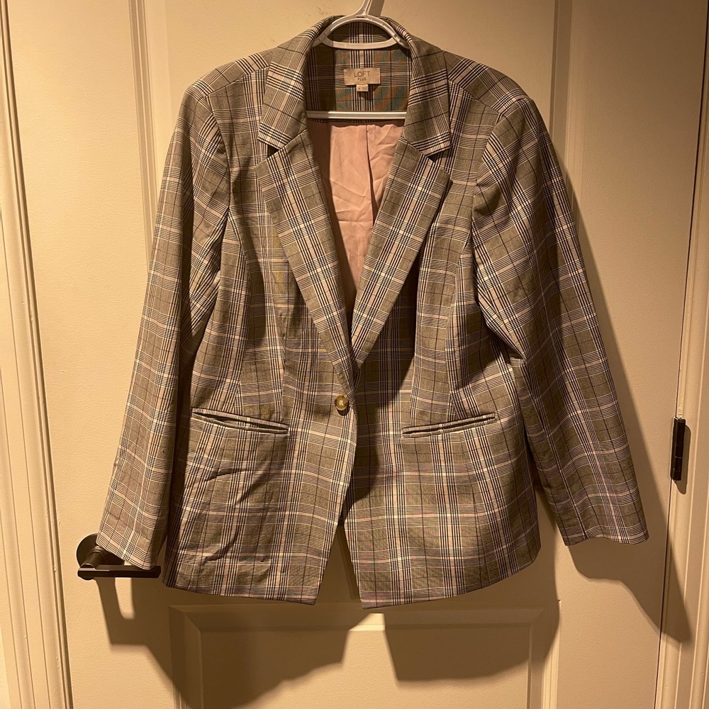 Loft Plus black white and pink plaid blazer